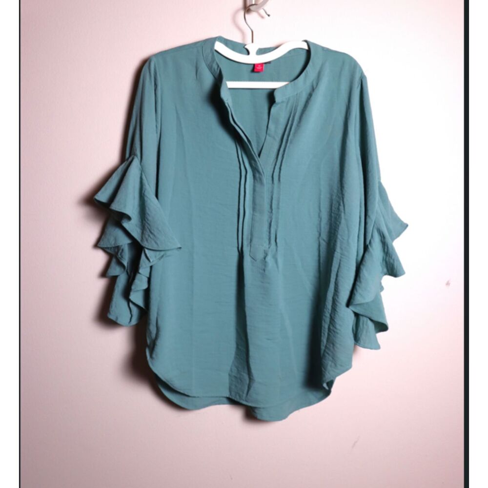 Vince Camuto Sea Green Tunic Top Medium Flare Sleeve Button Front Blouse